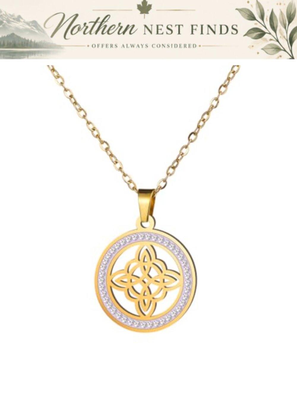 Stainless Steel Celtic Knot Pendant Necklace Round Zircon Cable Chain Wiccan